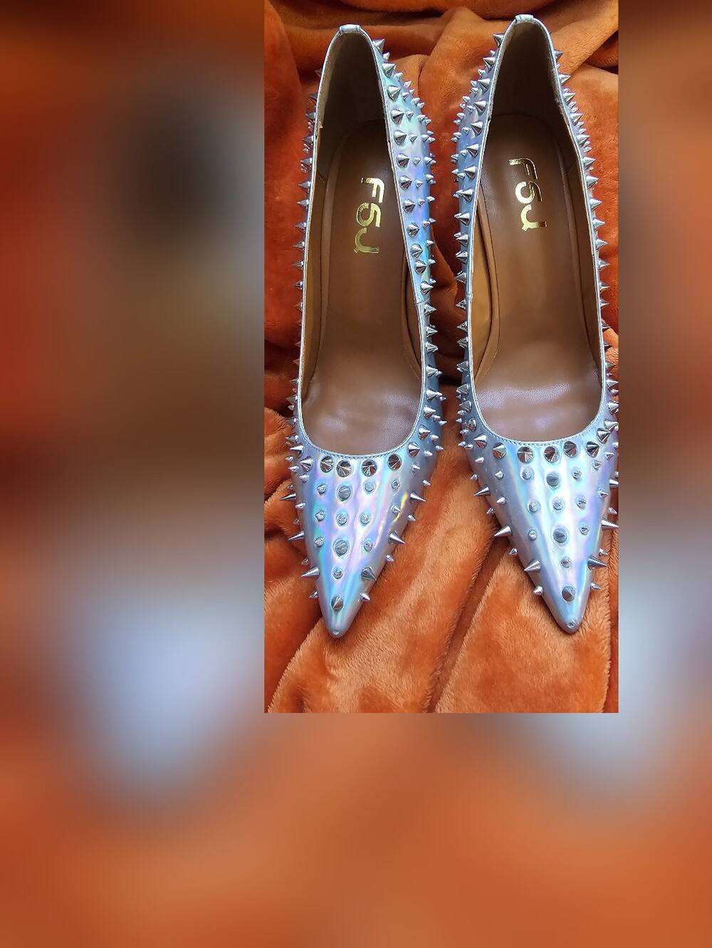FSJ Iridescent Spike Pointed-Toe Pumps in Silver Holographic